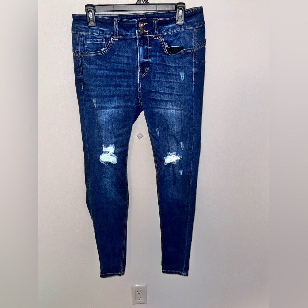 Wax Jean Dark Blue Distressed Skinny Jeans